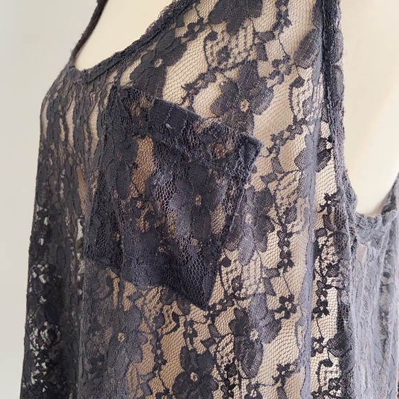 grey lace floral flowy boho sheer tank with pocket - Picture 6 of 10